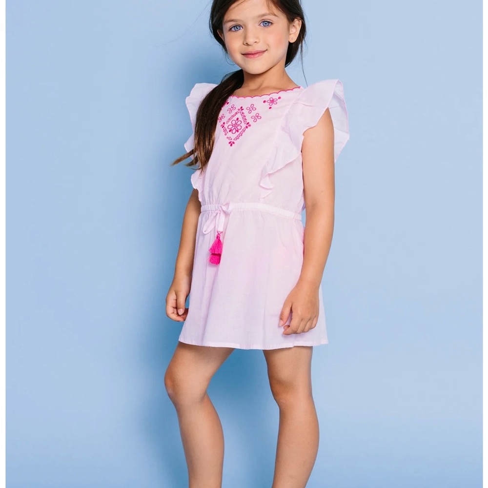 Floatimini Embroidered side Ruffle cover-up dress, Pink with tassel size 5